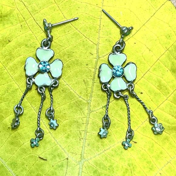 EARRINGS Four leave clover,  silver enamel and crystals - Picture 3 of 6